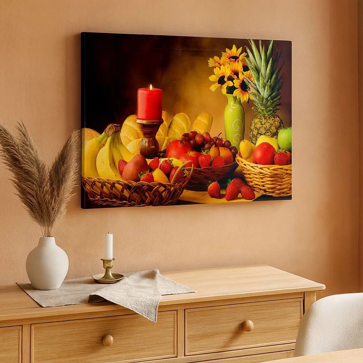 Impression sur toile - Image sur toile - Nature morte avec fruits, pain, bougie et fleurs - 70x50cm - Nature morte de pain et de fruits - Décoration murale moderne pour le salon et la chambre ARTTOR