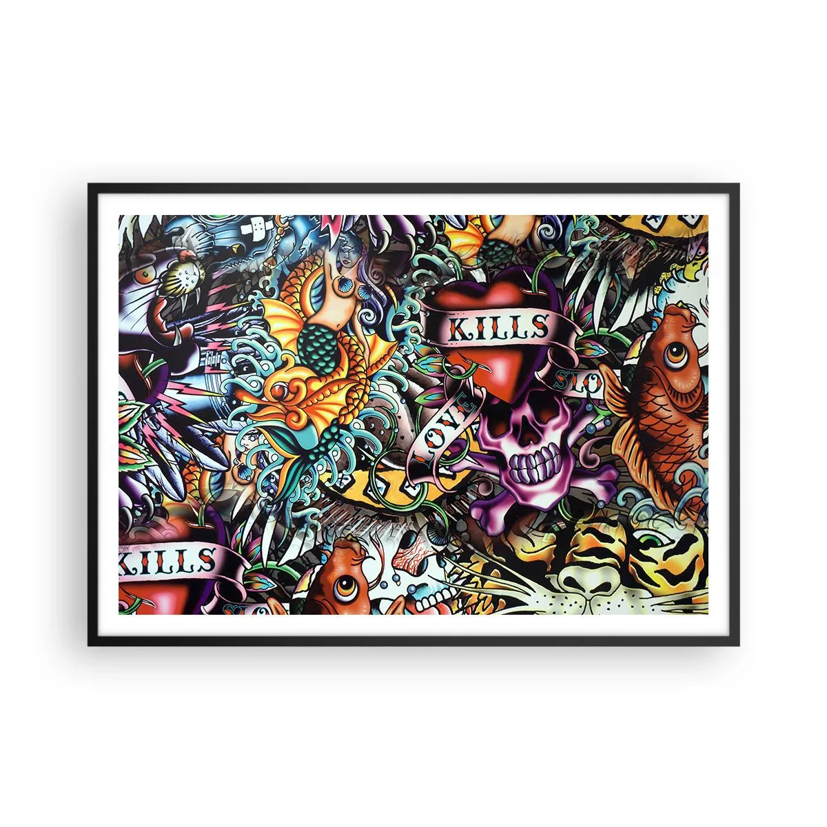 Affiche dans un cadre noir - Poster - Œuvre d'art colorée de style tatouage avec des crânes et des motifs nautiques - 100x70cm - Le rêve du tatoueur - Décoration murale moderne pour le salon et la chambre ARTTOR