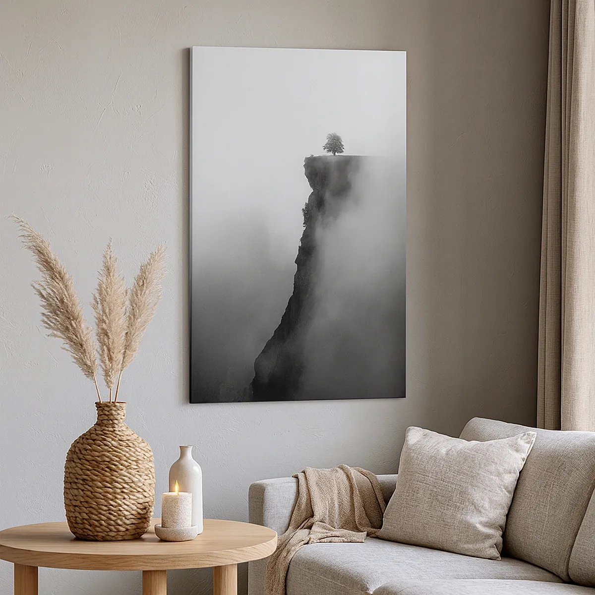 Impression sur toile - Image sur toile - Un arbre solitaire au bord d'une falaise entouré de brouillard - 50x70cm - Au bord du monde - Décoration murale moderne pour le salon et la chambre ARTTOR