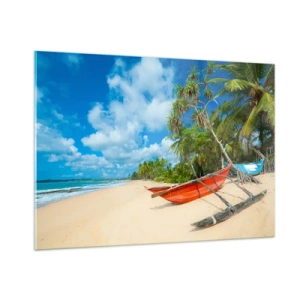 Impression sur verre - Image sur verre - Plage tropicale avec palmiers et bateaux traditionnels - 100x70cm - Le charme des tropiques - Décoration murale moderne pour le salon et la chambre ARTTOR