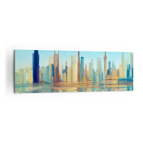 Impression sur toile - Image sur toile - Un panorama de la ville aux couleurs chaudes avec reflet dans l'eau - 160x50cm - Une métropole ensoleillée - Décoration murale moderne pour le salon et la chambre ARTTOR