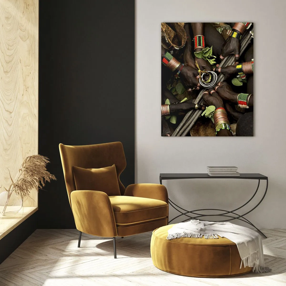 Impression sur verre - Image sur verre - Mains avec des bracelets tenant un récipient dans un geste rituel - 50x70cm - Nous sommes ensemble - Décoration murale moderne pour le salon et la chambre ARTTOR