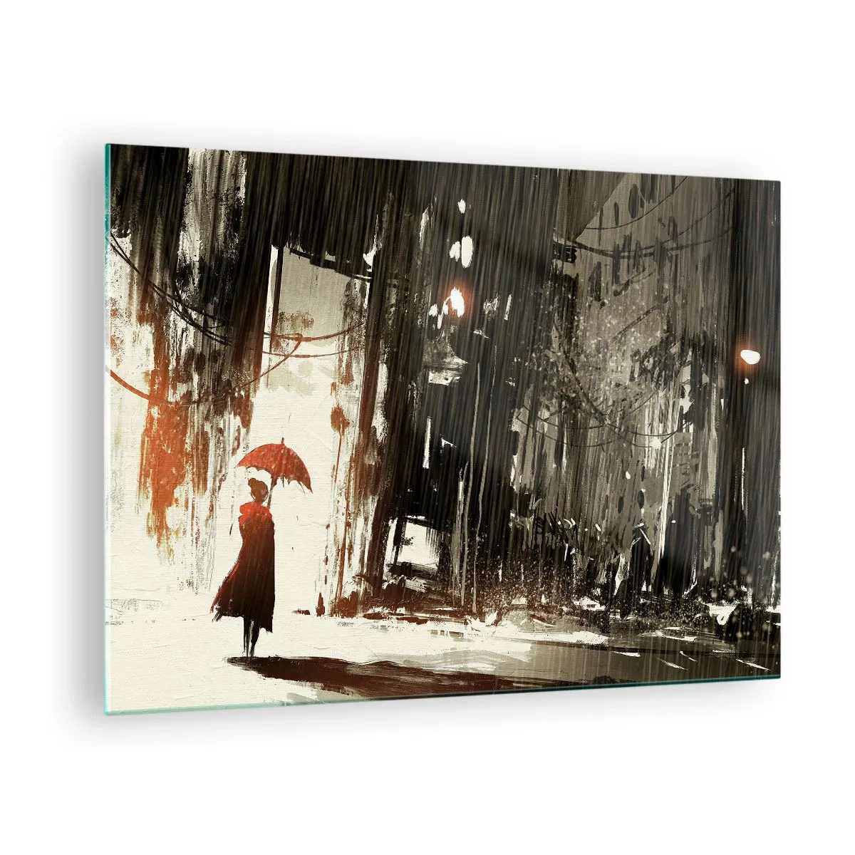 Impression sur verre - Image sur verre - Une personne avec un parapluie rouge sous la pluie sur fond de ville sombre. - 70x50cm - La poésie du parapluie rouge - Décoration murale moderne pour le salon et la chambre ARTTOR