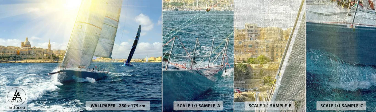 Échantillon de Papier Peint Premium Canvas - Il est temps de quitter la ville - Ville, Mer, Yacht - 100x30 cm