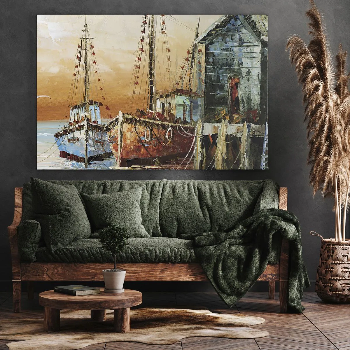 Impression sur toile - Image sur toile - Bateaux sur le rivage dans la chaude lumière du coucher de soleil - 70x50cm - Retour tranquille - Décoration murale moderne pour le salon et la chambre ARTTOR