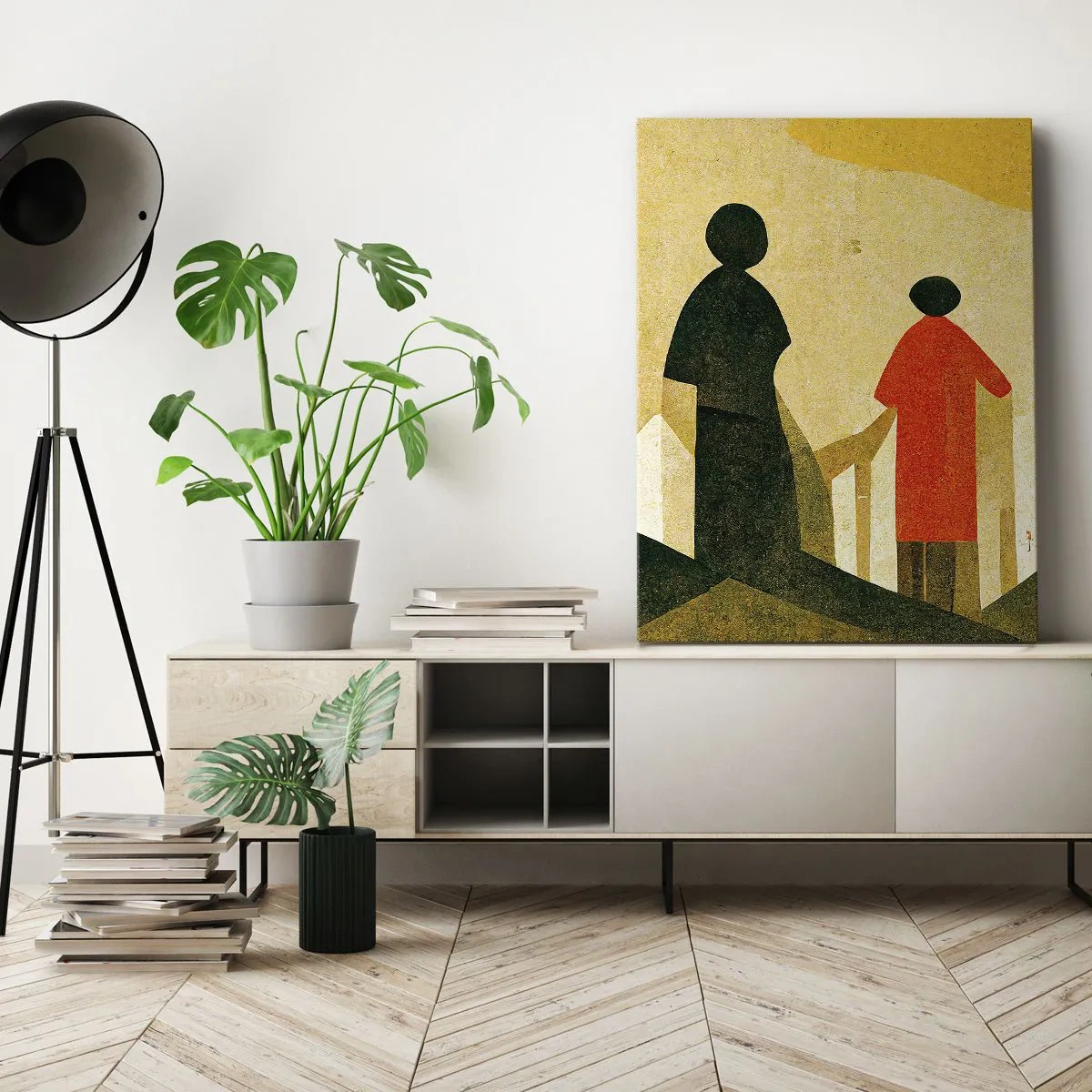 Impression sur toile - Image sur toile - Silhouettes géométriques en rouge et vert sur fond jaune - 50x70cm - La route est encore longue - Décoration murale moderne pour le salon et la chambre ARTTOR