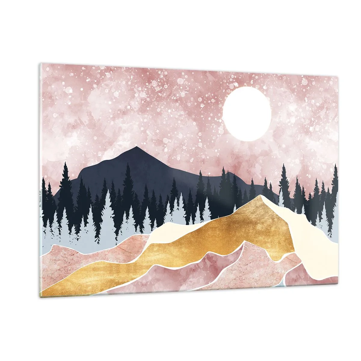 Impression sur verre - Image sur verre - Montagnes et forêt au clair de lune contre un ciel rose - 120x80cm - Gardien de la nuit - Décoration murale moderne pour le salon et la chambre ARTTOR