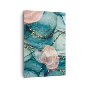 Impression sur toile - Image sur toile - Une composition abstraite dans des tons turquoise et or. - 70x100cm - Soie bleu, tulle rose - Décoration murale moderne pour le salon et la chambre ARTTOR