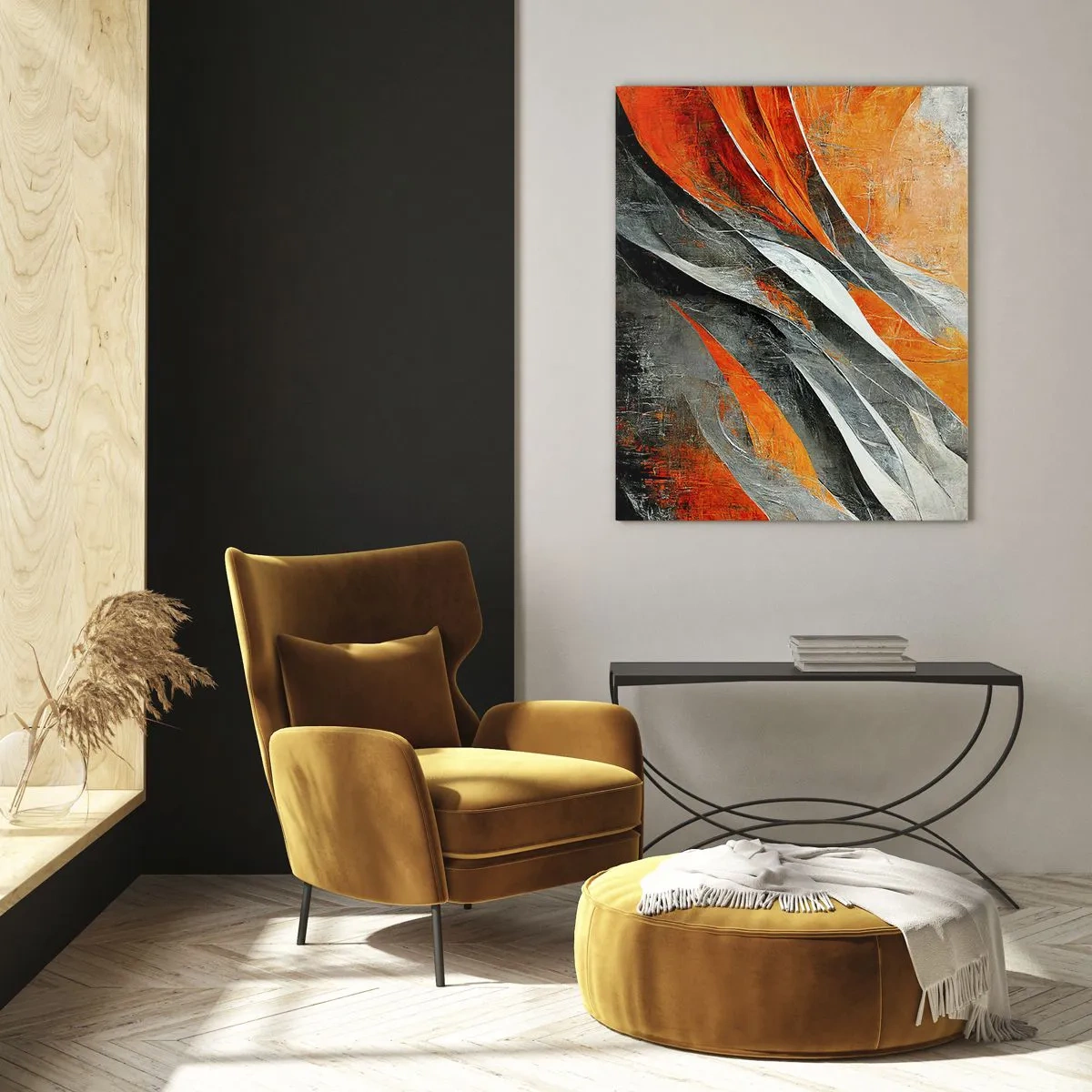 Impression sur verre - Image sur verre - Des stries abstraites dans des tons orange et gris - 50x70cm - Chaleur et froid - Décoration murale moderne pour le salon et la chambre ARTTOR