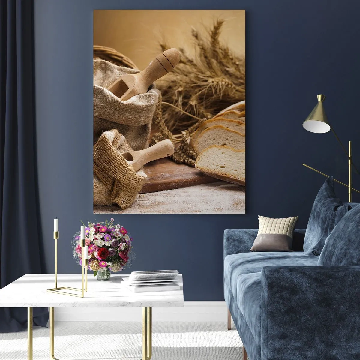 Impression sur verre - Image sur verre - Un paysage avec du pain, de la farine et des épis de blé dans un style rustique. - 70x100cm - Comment il coupe avec un couteau - Décoration murale moderne pour le salon et la chambre ARTTOR