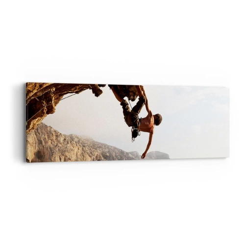 Impression sur toile - Image sur toile - Le monde rétréci dans une main sur une coupe de rocher - 90x30 cm