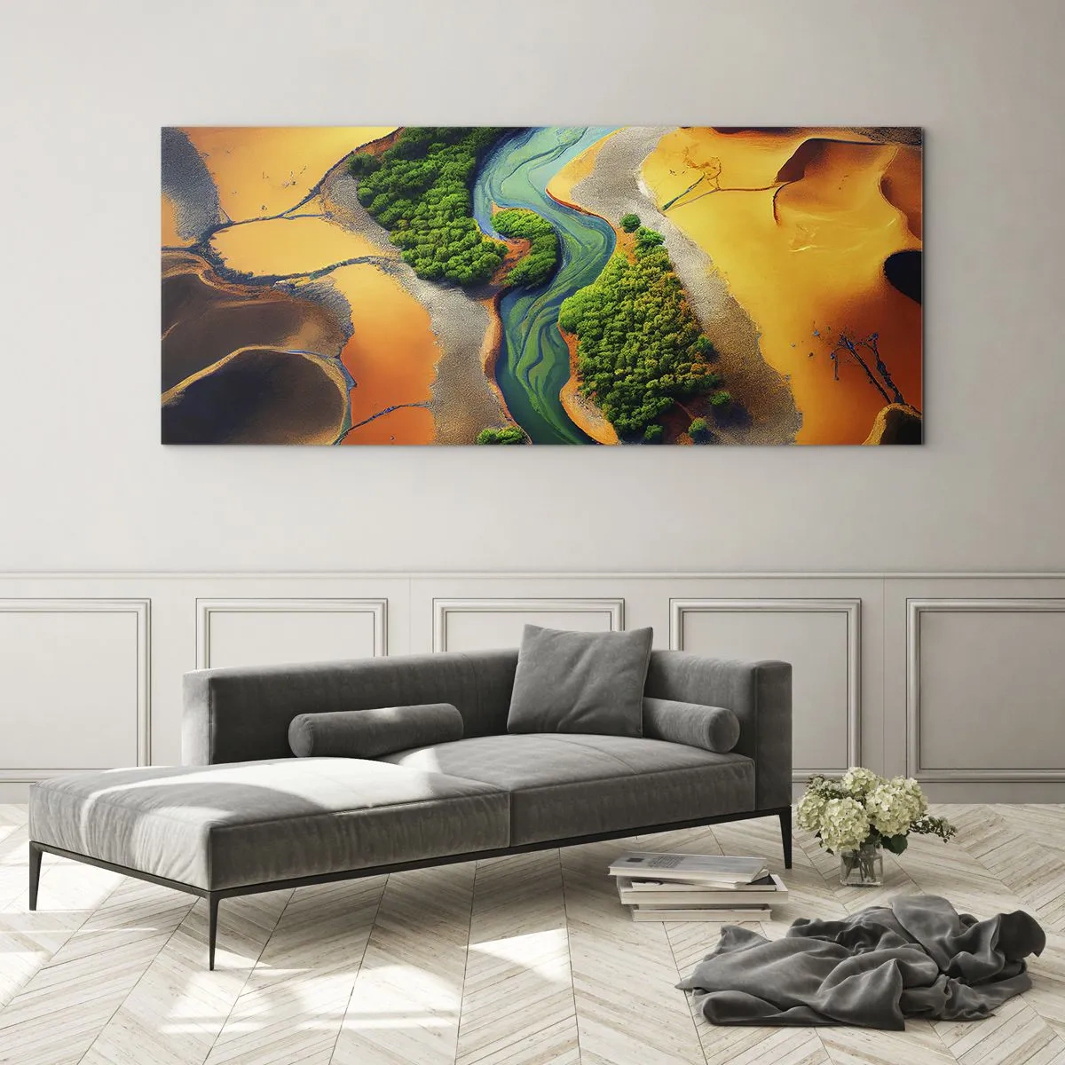 Impression sur verre - Image sur verre - Une rivière verte entourée de sable doré et de végétation - 160x50cm - Rivière vivifiante - Décoration murale moderne pour le salon et la chambre ARTTOR