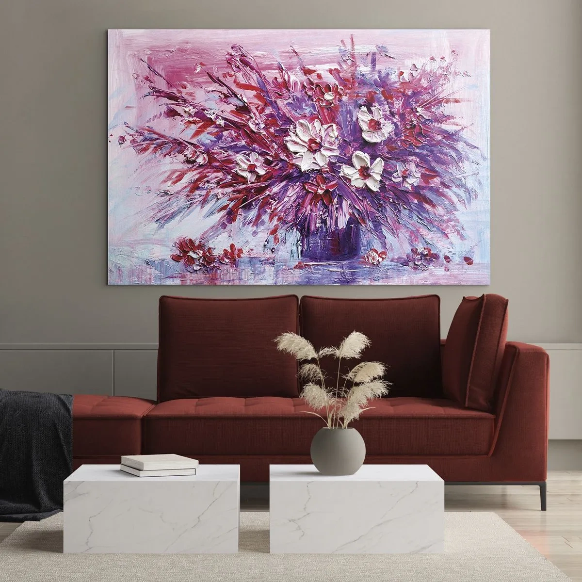 Impression sur verre - Image sur verre - Un bouquet de fleurs dans les tons de rose et de violet - 70x50cm - Innocence et passion - Décoration murale moderne pour le salon et la chambre ARTTOR