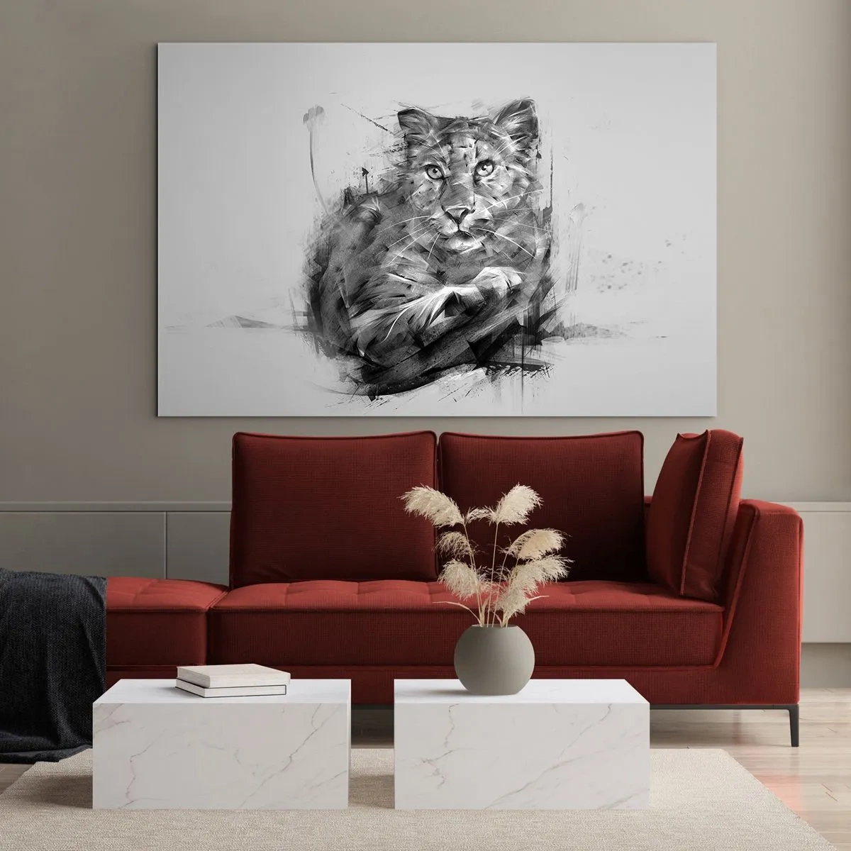 Impression sur verre - Image sur verre - Un dessin d'un tigre dans un style monochrome sur un fond clair - 120x80cm - Oui, j'écoute attentivement - Décoration murale moderne pour le salon et la chambre ARTTOR