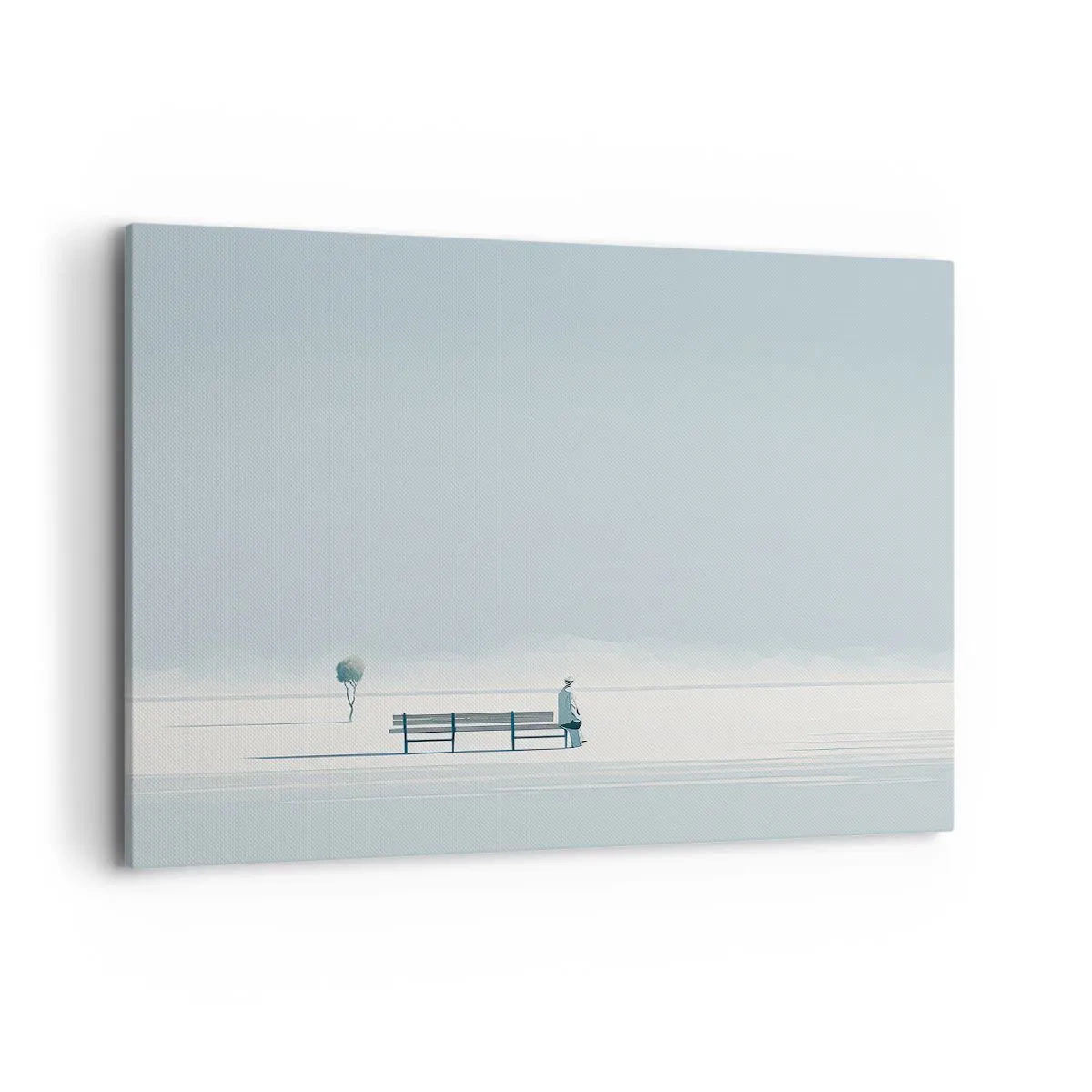 Impression sur toile - Image sur toile - Une personne assise sur un banc dans un paysage minimaliste - 120x80cm - Oui, j'attends. - Décoration murale moderne pour le salon et la chambre ARTTOR
