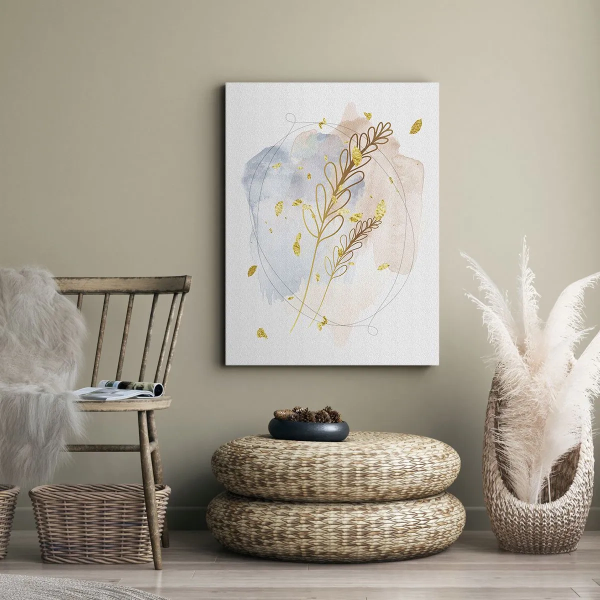 Impression sur toile - Image sur toile - Un délicat motif de feuille dorée sur un fond pastel avec des détails aquarelles. - 80x120cm - Explosion d'or - Décoration murale moderne pour le salon et la chambre ARTTOR