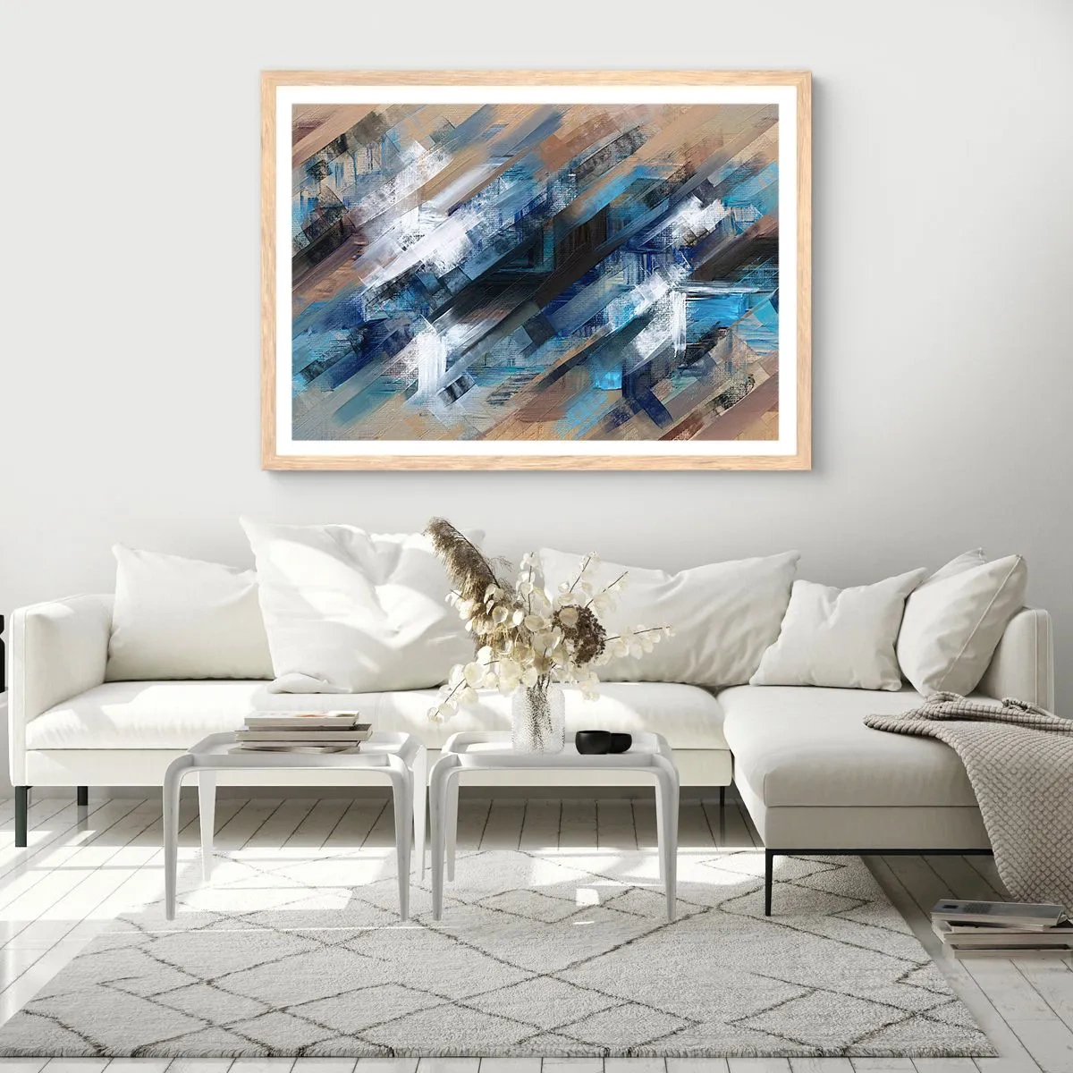 Affiche dans un chêne clair - Poster - Diagonale de bleus - 70x50 cm