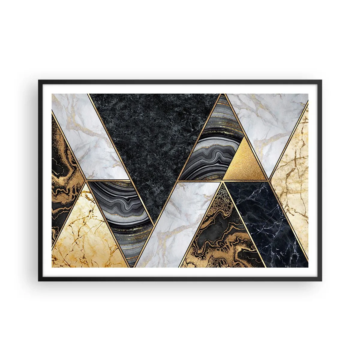 Affiche dans un cadre noir - Poster - Triangles géométriques en or, marbre et nuances sombres - 100x70cm - Pierre après pierre - Décoration murale moderne pour le salon et la chambre ARTTOR