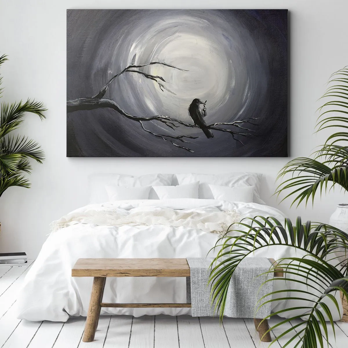Impression sur toile - Image sur toile - Oiseau noir sur une branche au clair de lune - 70x50cm - La clé du mystère de la nuit - Décoration murale moderne pour le salon et la chambre ARTTOR