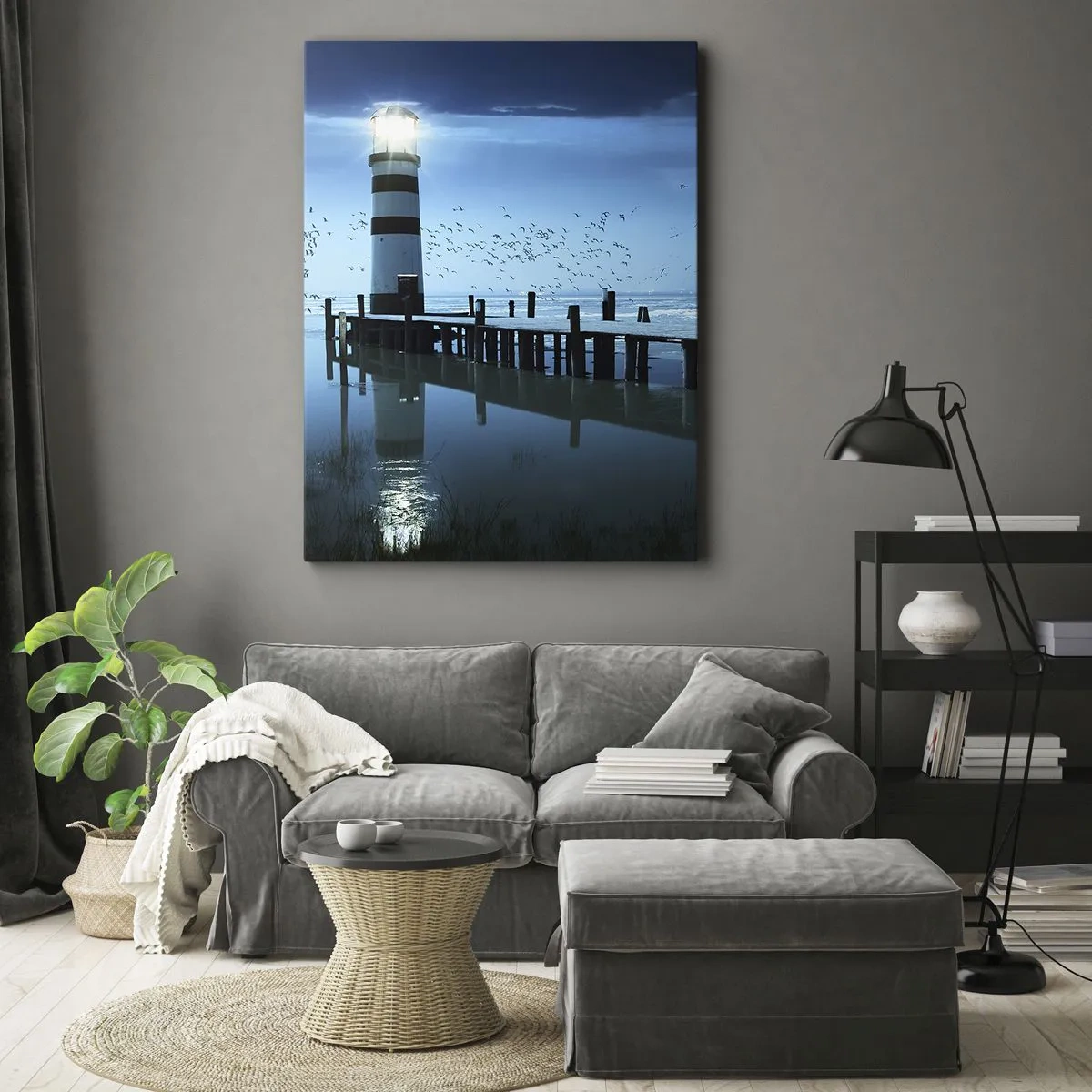 Impression sur toile - Image sur toile - Le phare de la jetée illuminé la nuit - 80x120cm - Et tu n'as pas peur du noir - Décoration murale moderne pour le salon et la chambre ARTTOR