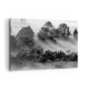 Impression sur toile - Image sur toile - Paysage forestier noir et blanc dans le brouillard du matin - 120x80cm - Sortir de son sommeil - Décoration murale moderne pour le salon et la chambre ARTTOR