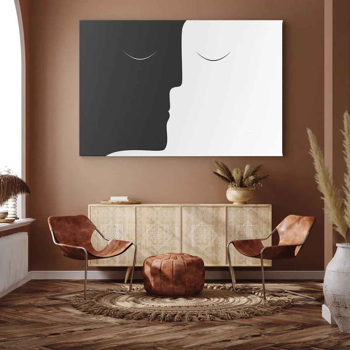 Impression sur toile - Image sur toile - Une silhouette minimaliste de deux visages aux couleurs contrastées. - 100x70cm - Unité des contraires - Décoration murale moderne pour le salon et la chambre ARTTOR