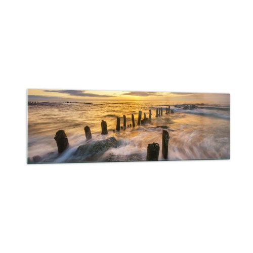 Impression sur verre - Image sur verre - Coucher de soleil sur la mer avec les vestiges d'une ancienne jetée - 160x50cm - La beauté brute de la mer Baltique - Décoration murale moderne pour le salon et la chambre ARTTOR