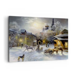Impression sur toile - Image sur toile - Paysage d'hiver dans une ville russe avec un traîneau et une église - 100x70cm - La magie de l'hiver russe - Décoration murale moderne pour le salon et la chambre ARTTOR