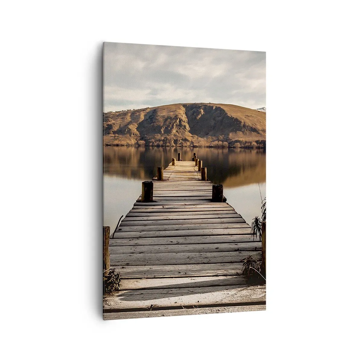 Impression sur toile - Image sur toile - Une jetée en bois sur un lac entouré de collines pittoresques - 80x120cm - Paysage silencieux - Décoration murale moderne pour le salon et la chambre ARTTOR