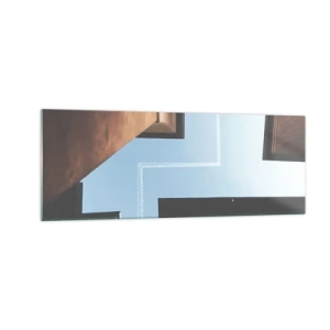 Impression sur verre - Image sur verre - Vue de l'avion et de sa traînée dans le ciel depuis une perspective de rue - 140x50cm - Au-dessus du labyrinthe de la ville - Décoration murale moderne pour le salon et la chambre ARTTOR