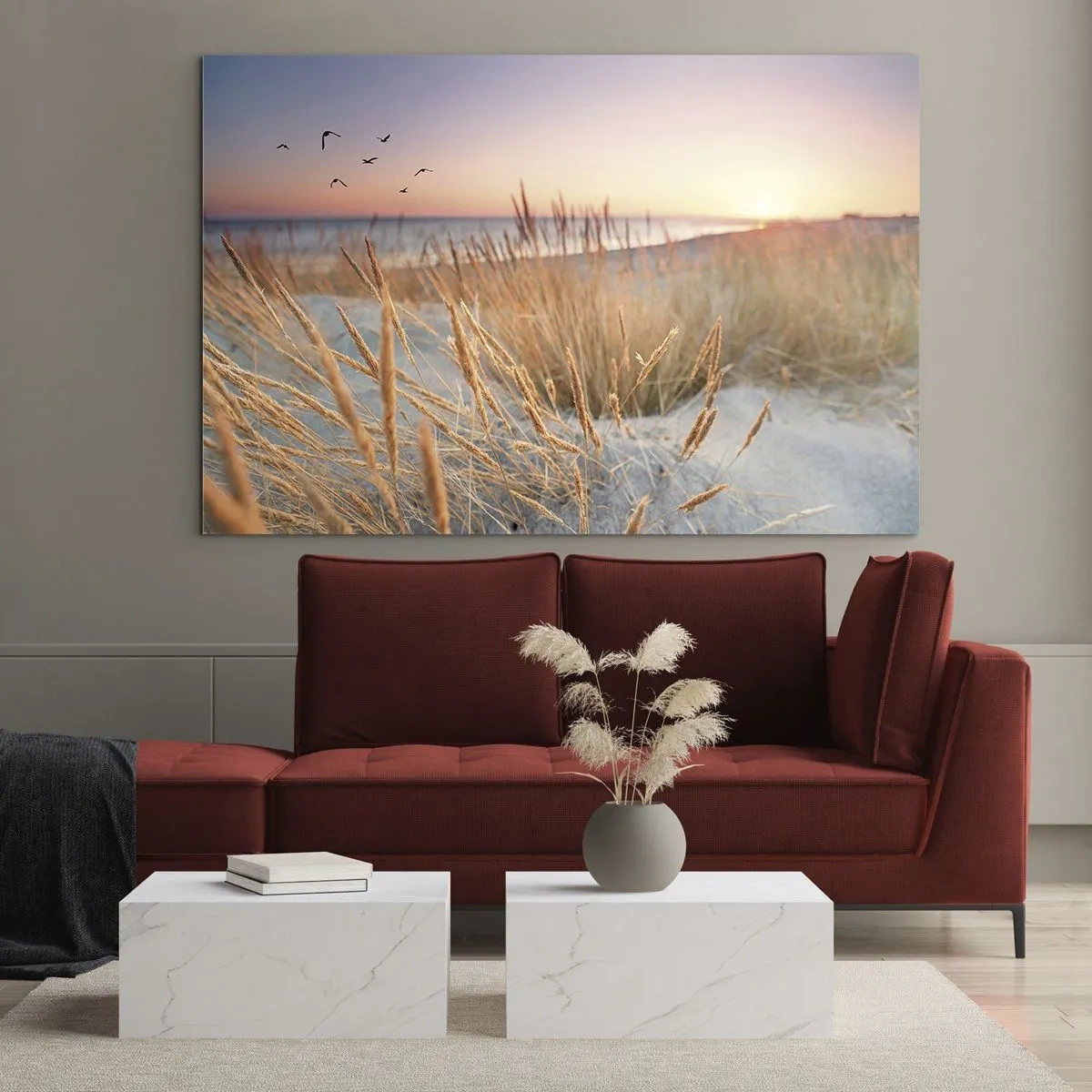 Impression sur verre - Image sur verre - Une plage avec de l'herbe et le soleil couchant sur la mer - 100x70cm - Berceuse baltique - Décoration murale moderne pour le salon et la chambre ARTTOR