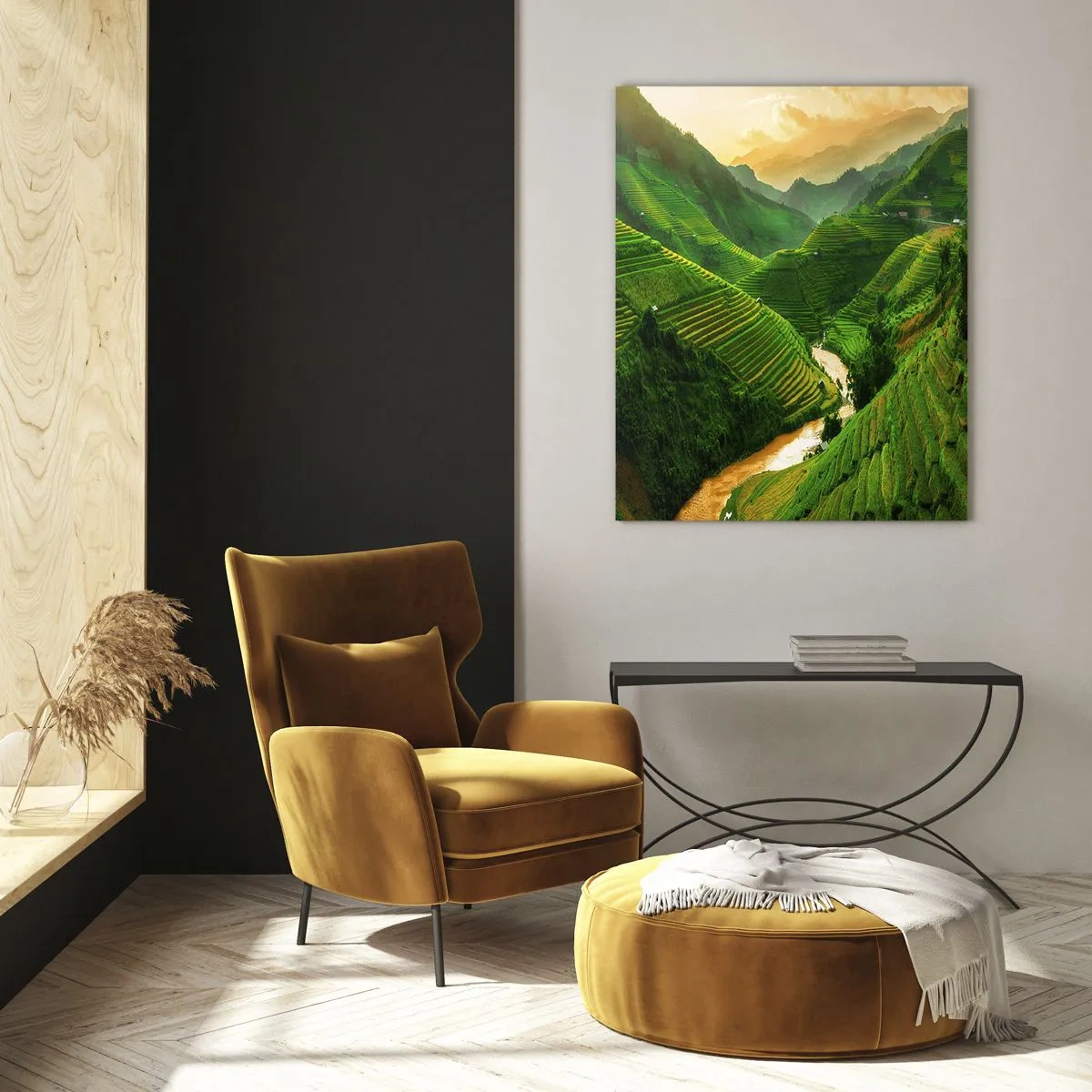 Impression sur verre - Image sur verre - Rizières pittoresques dans la vallée au coucher du soleil - 50x70cm - Vallée vietnamienne - Décoration murale moderne pour le salon et la chambre ARTTOR