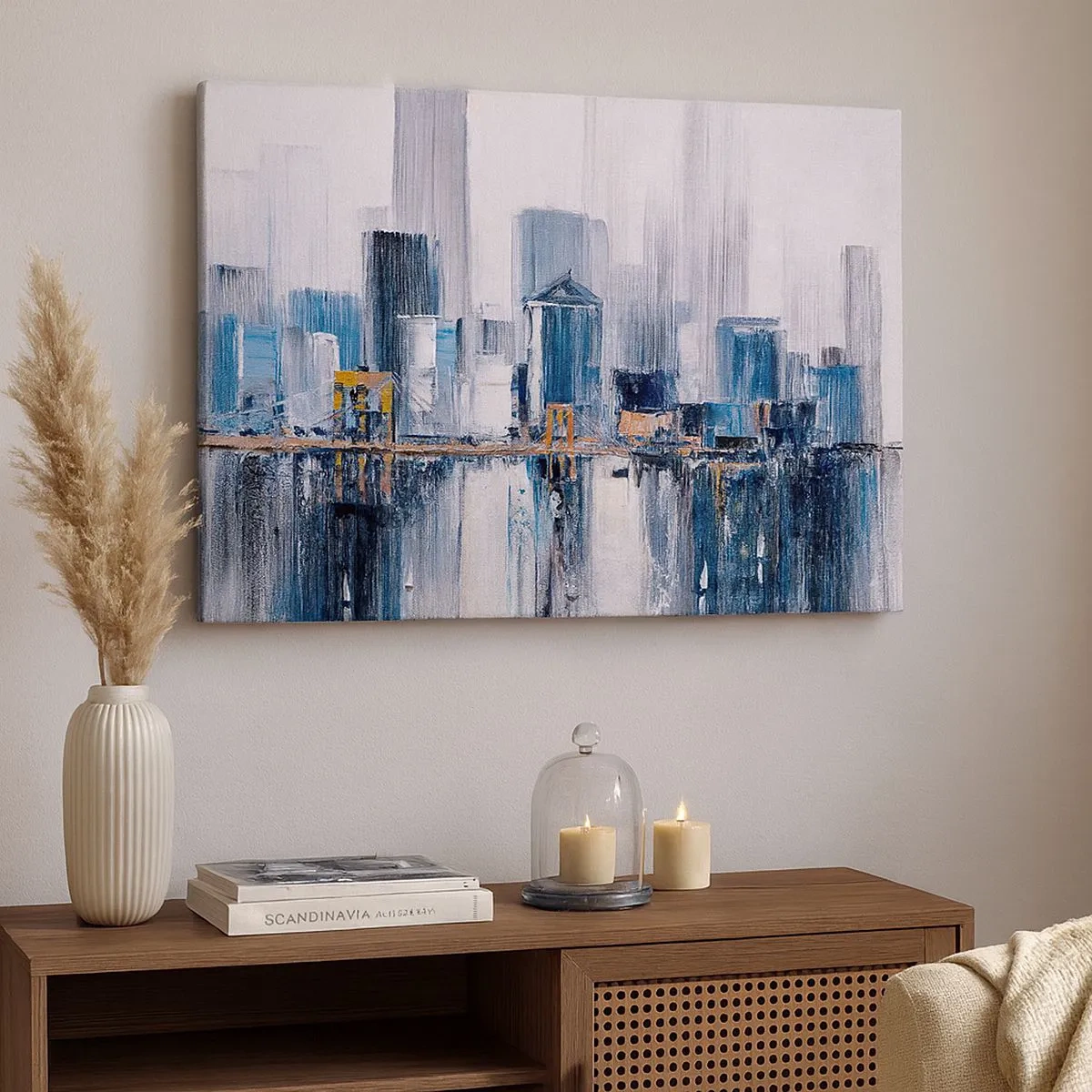 Impression sur toile - Image sur toile - Panorama urbain abstrait avec des nuances de bleu et de jaune - 70x50cm - Impression new-yorkaise - Décoration murale moderne pour le salon et la chambre ARTTOR