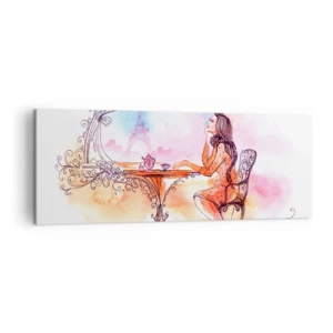 Impression sur toile - Image sur toile - Aquarelle romantique d'une femme dans un café surplombant une tour - 140x50cm - Le chic parisien - Décoration murale moderne pour le salon et la chambre ARTTOR