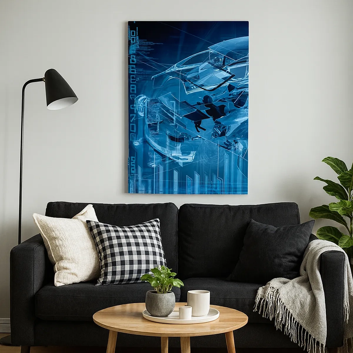 Impression sur toile - Image sur toile - Un dessin technique moderne d'une voiture avec des éléments structurels - 50x70cm - Anatomie de l'ingénierie - Décoration murale moderne pour le salon et la chambre ARTTOR