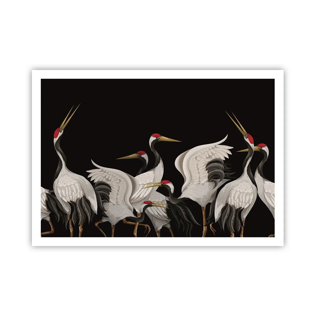 Affiche - Poster - Grues blanches avec des accents rouges sur fond noir - 100x70cm - Histoire d'oiseaux - Décoration murale moderne pour le salon et la chambre ARTTOR