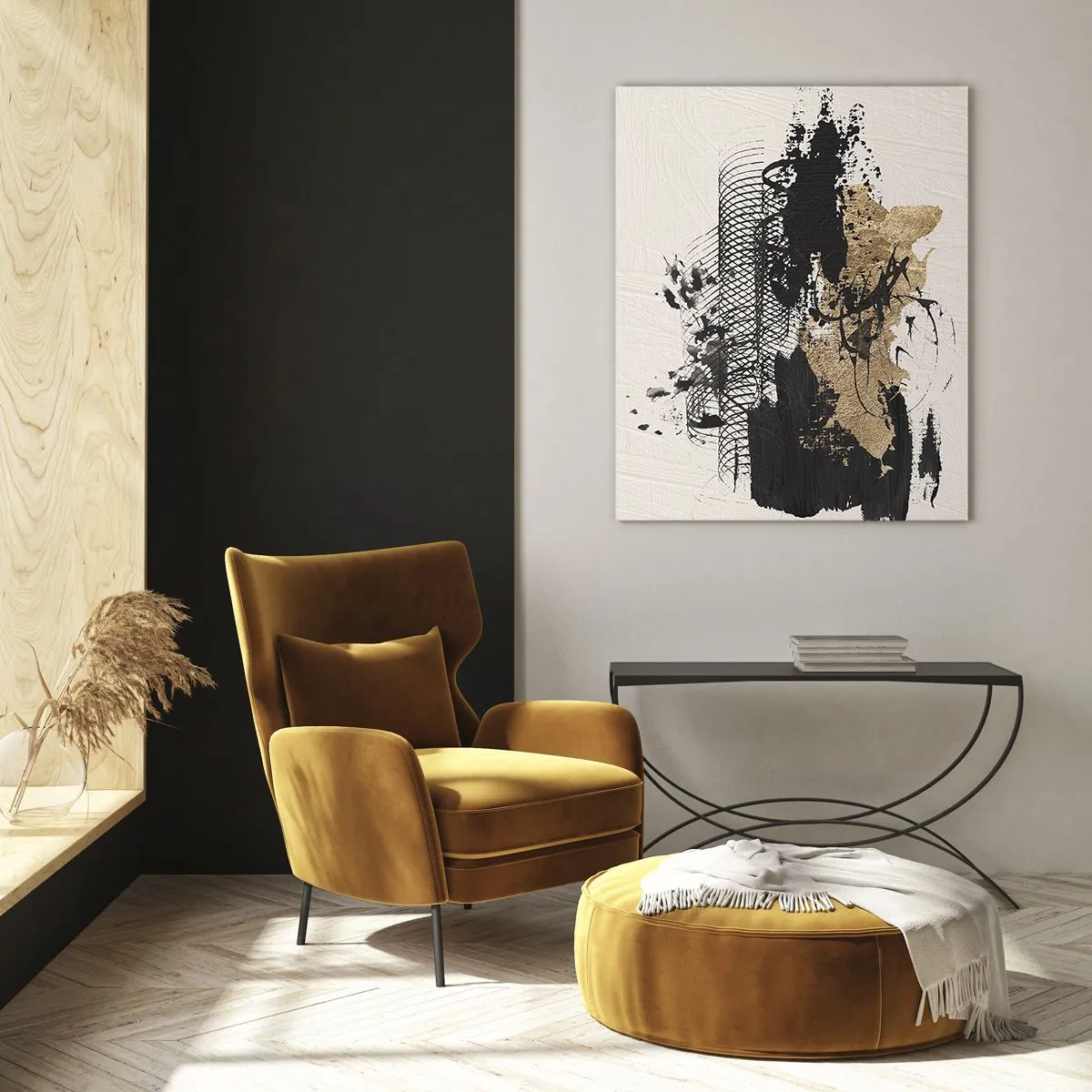 Impression sur verre - Image sur verre - Une peinture abstraite en noir et or avec des lignes et des structures dynamiques. - 70x100cm - Composer avec passion - Décoration murale moderne pour le salon et la chambre ARTTOR
