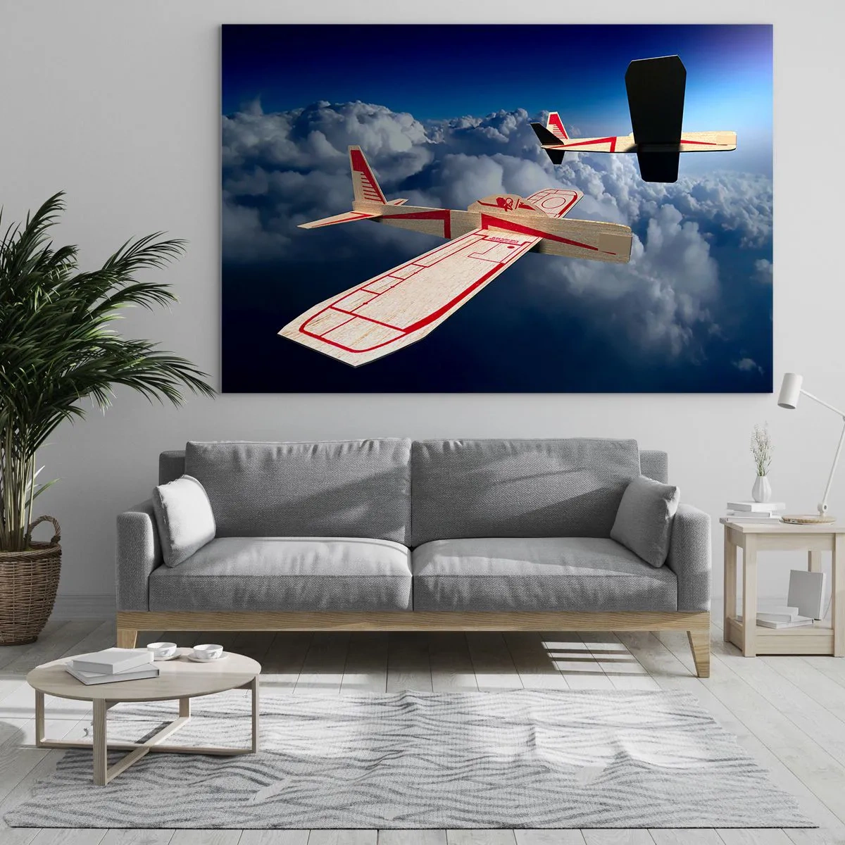 Impression sur verre - Image sur verre - Modèles réduits d'avions glissant dans les nuages - 100x70cm - Encore plus haut, encore plus loin - Décoration murale moderne pour le salon et la chambre ARTTOR