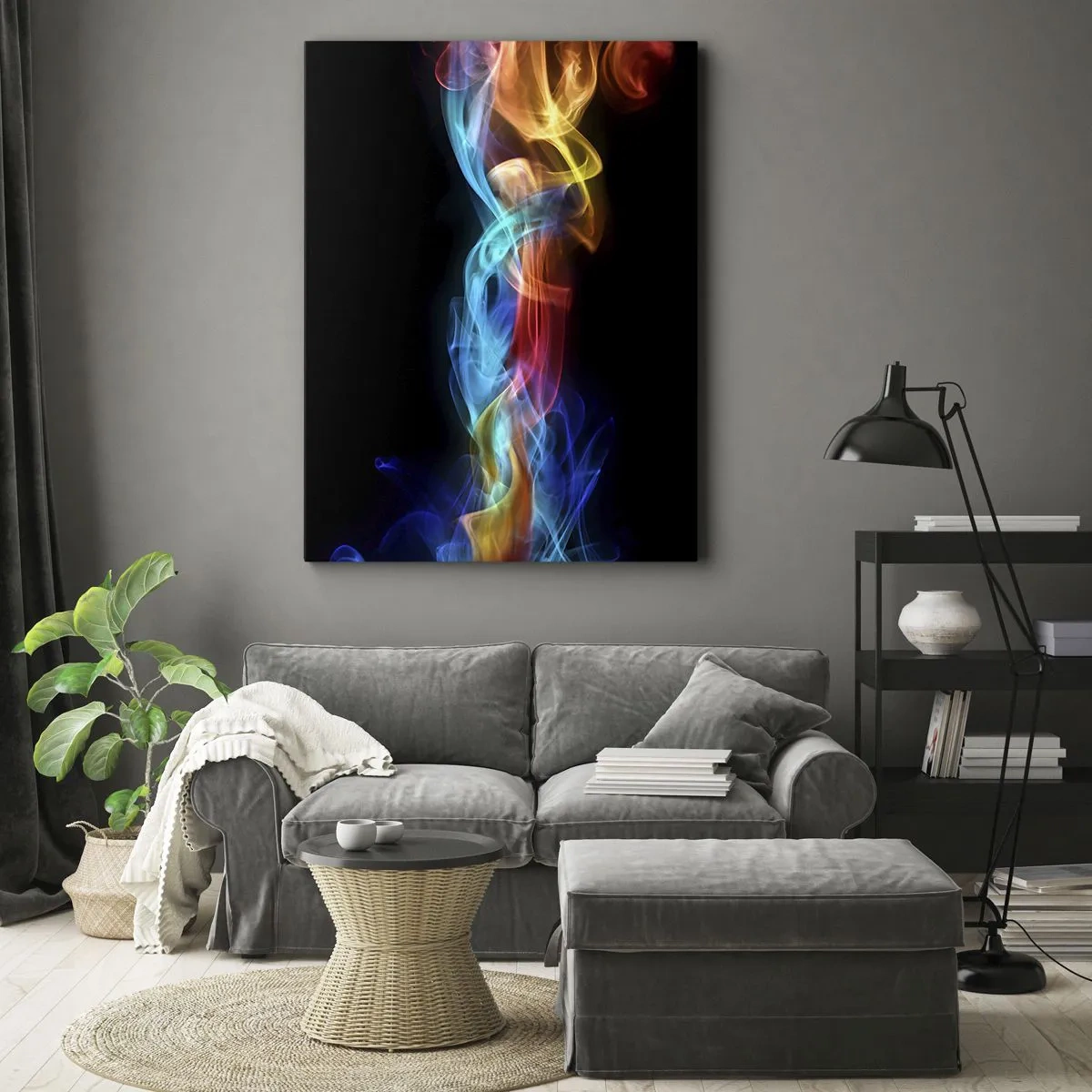 Impression sur toile - Image sur toile - Fumée colorée sur fond noir - 50x70cm - Danse arc-en-ciel du brouillard - Décoration murale moderne pour le salon et la chambre ARTTOR