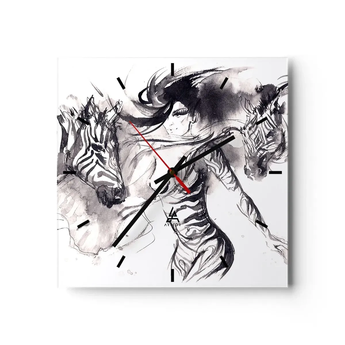 Horloge murale - Pendule murale - Une femme dans une danse dynamique avec des zèbres dans une esthétique noir et blanc - 30x30cm - Danse avec les zèbres - Décoration murale moderne pour le salon et la chambre ARTTOR
