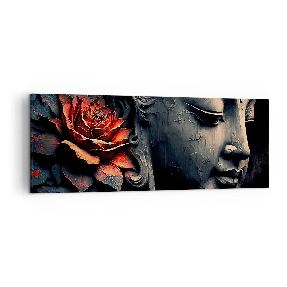 Impression sur toile - Image sur toile - Sculpture de Bouddha avec une fleur de lotus rouge - 140x50cm - En harmonie avec le monde - Décoration murale moderne pour le salon et la chambre ARTTOR