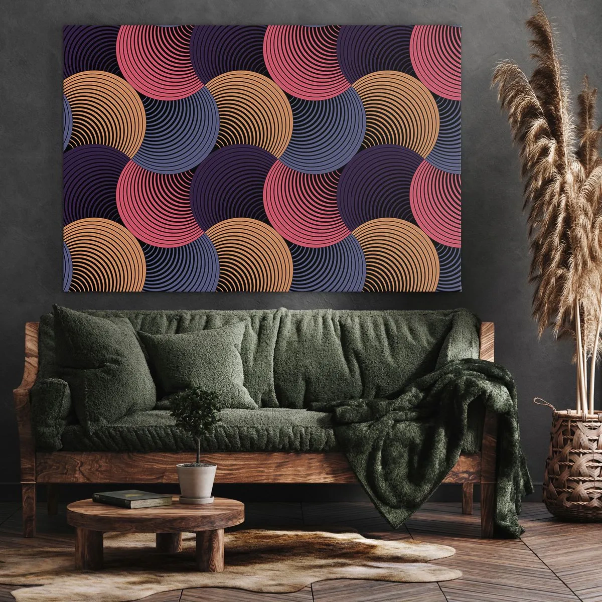 Impression sur toile - Image sur toile - Cercles géométriques dans des tons de rose, violet et or - 70x50cm - Dans un rythme circulaire - Décoration murale moderne pour le salon et la chambre ARTTOR