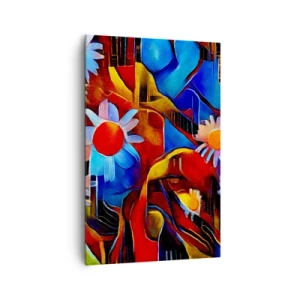 Impression sur toile - Image sur toile - Fleurs abstraites sur fond de motifs géométriques - 80x120cm - Les couleurs de la vie - Décoration murale moderne pour le salon et la chambre ARTTOR