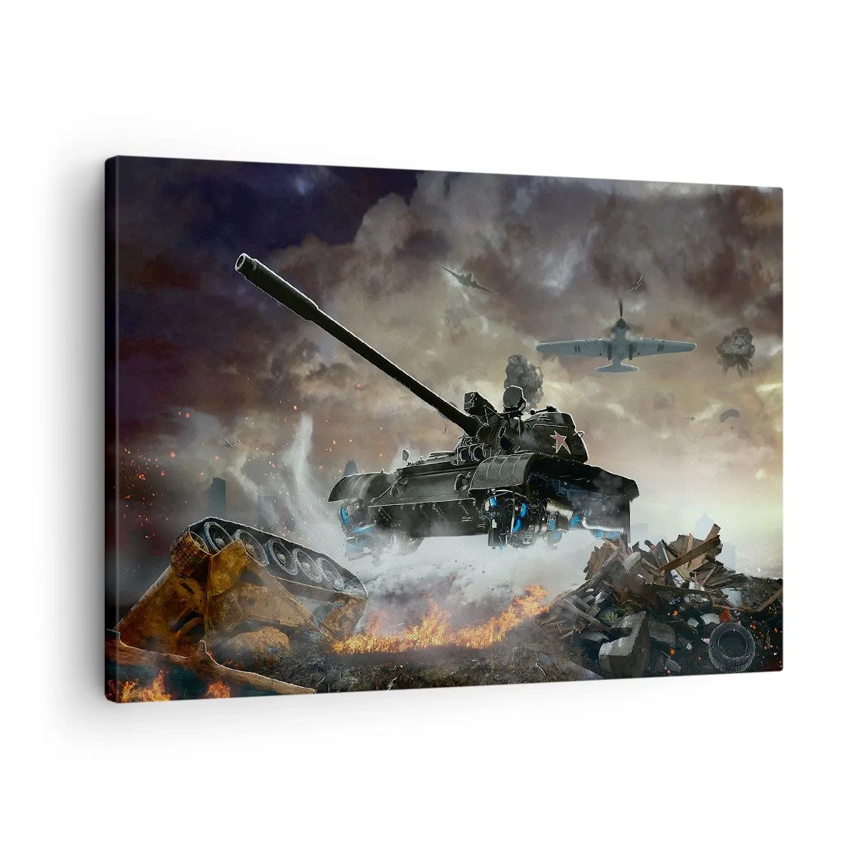 Impression sur toile - Image sur toile - Scène de bataille avec des chars et des avions en arrière-plan - 70x50cm - La bataille est terrible et belle - Décoration murale moderne pour le salon et la chambre ARTTOR