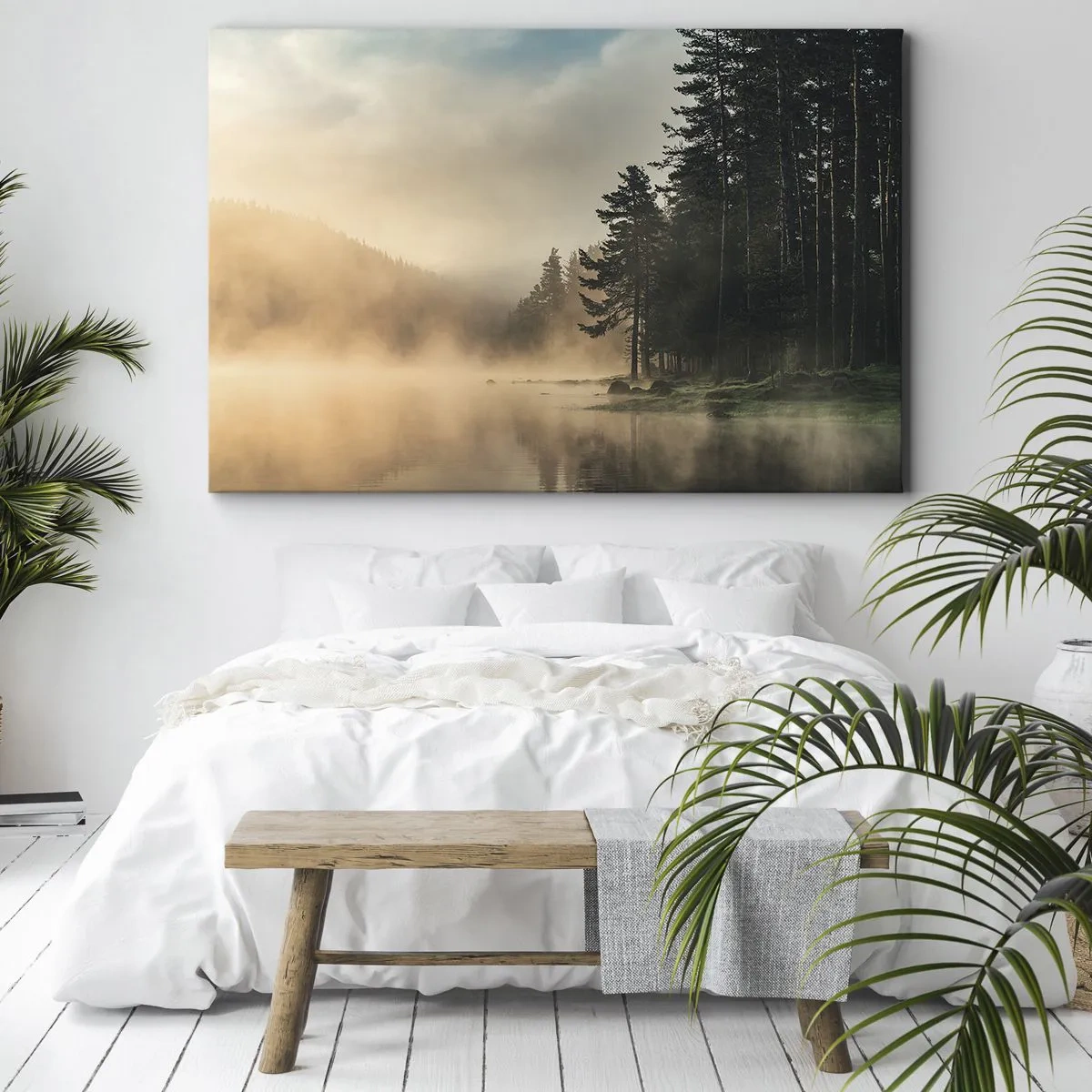 Impression sur toile - Image sur toile - Une forêt brumeuse sur un lac calme - 70x50cm - Naissance du jour - Décoration murale moderne pour le salon et la chambre ARTTOR