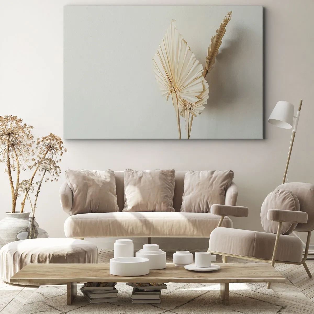 Impression sur toile - Image sur toile - Feuilles de palmier séchées dans un arrangement minimaliste - 120x80cm - Quand tu dois t’apaiser - Décoration murale moderne pour le salon et la chambre ARTTOR