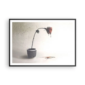 Affiche dans un cadre noir - Poster - Une rose rouge dans un pot avec des gouttes de colorant sur un fond blanc - 100x70cm - Rosa dolorosa - Décoration murale moderne pour le salon et la chambre ARTTOR
