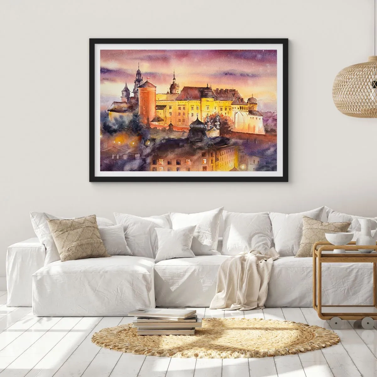 Affiche dans un cadre noir - Poster - Une aquarelle pittoresque d'un château au coucher du soleil - 100x70cm - Histoire et conte de fées - Décoration murale moderne pour le salon et la chambre ARTTOR