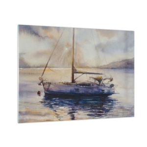 Impression sur verre - Image sur verre - Un yacht amarré dans une baie tranquille au crépuscule - 70x50cm - Soirée sur la baie - Décoration murale moderne pour le salon et la chambre ARTTOR