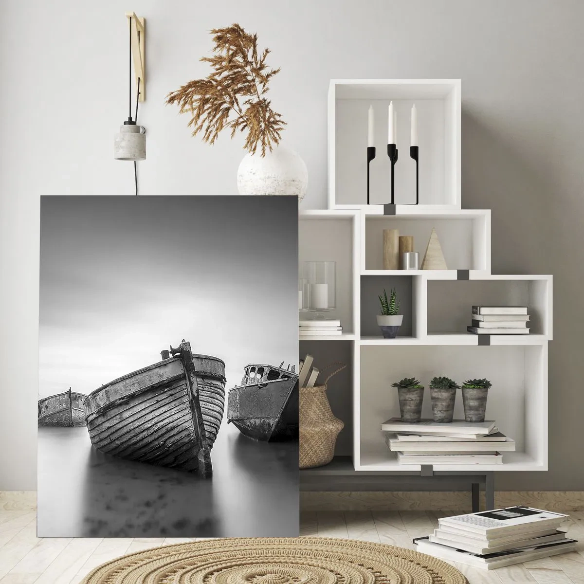 Impression sur verre - Image sur verre - Bateaux abandonnés sur une eau calme - 70x100cm - Cùest déjà un souvenir... - Décoration murale moderne pour le salon et la chambre ARTTOR